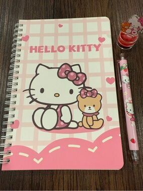 Hello Kitty Trio Pink and White Check Spiral Notebook with Pen & Stamp